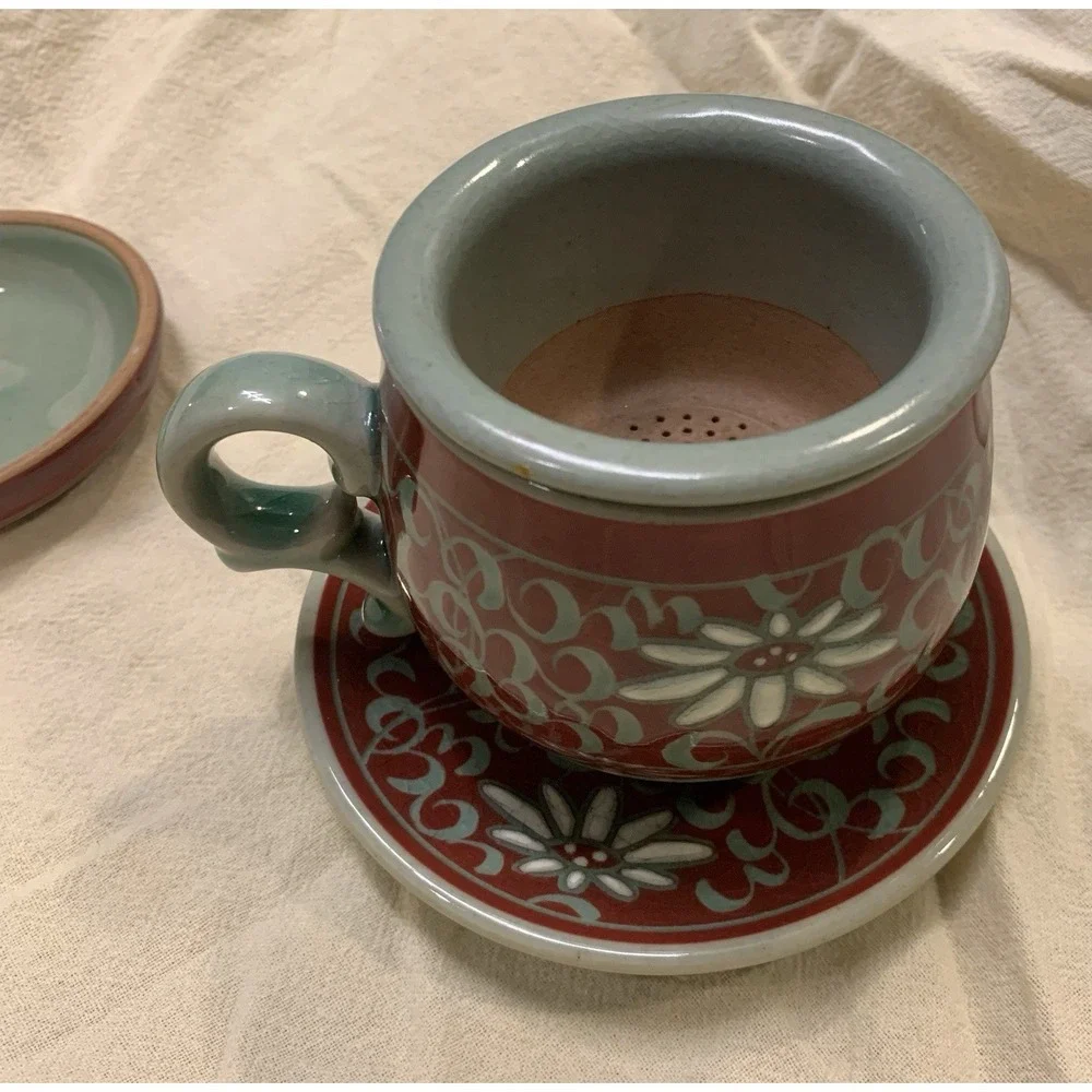 Rare Maroon-Korean Celadon Tea Diffuser Set-(4 Piece) Korean Aster Floral Motif-